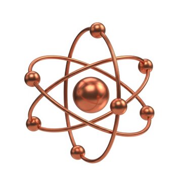 Shiny bronze atom model with orbiting electrons isolated on white background