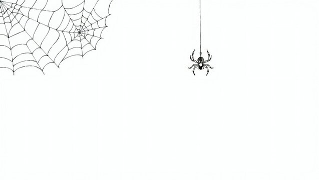 A small black spider hanging from a silk thread near a corner web