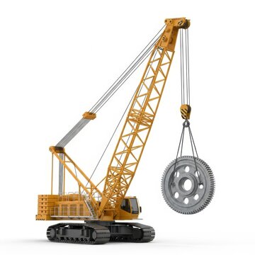 Yellow crawler crane lifting a large metal gear isolated on white background