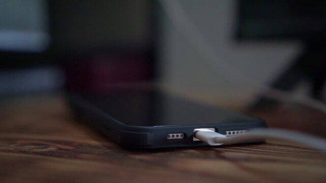Person release USB-C cable from smartphone charging port, close up shot, mobile phone technology, dark background footage scene.