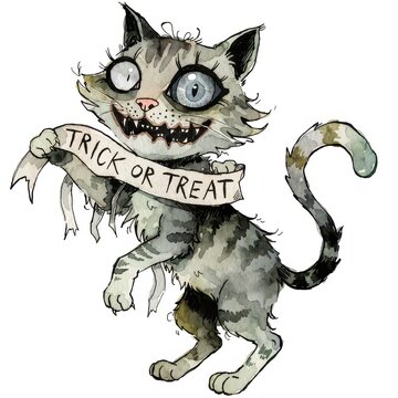 Zombie tabby cat holding a trick or treat banner watercolor illustration