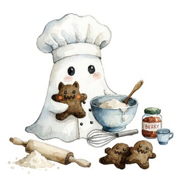 Cute ghost baking halloween cookies with chef hat watercolor illustration