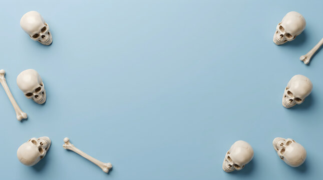 Flat lay composition of human skulls and bones arranged as a frame on a light blue background