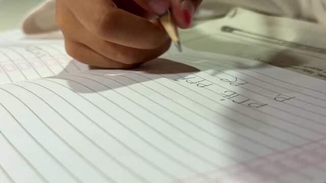 child's hand learning to write with pencil, practicing letters on lined paper, education and handwriting concept.