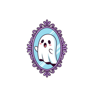 Cute ghost reflected in an ornate antique mirror, waving hello, cartoon style, isolated on white background
