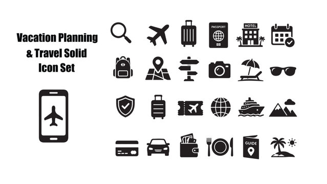 Vacation Planning & Travel Solid Icon Set