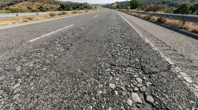 A detailed high angle view of a coarse asphalt pavement showcasing the gritty surface and weathered gray stones of an empty highway stretch road texture background asphalt pavement street highway