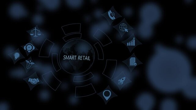 Digital smart retail technology concept featuring interactive global business and data analytics interface for modern e-commerce solutions, marketing strategy, and global supply chain