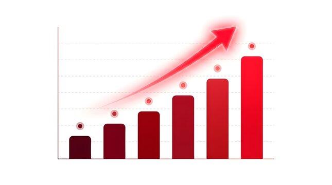 Red bar chart showing upward growth trend with an arrow symbol on a white background