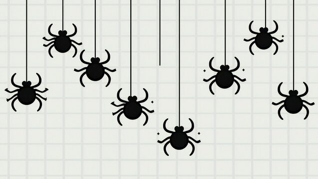 Many black spiders hanging down from strings for halloween decoration