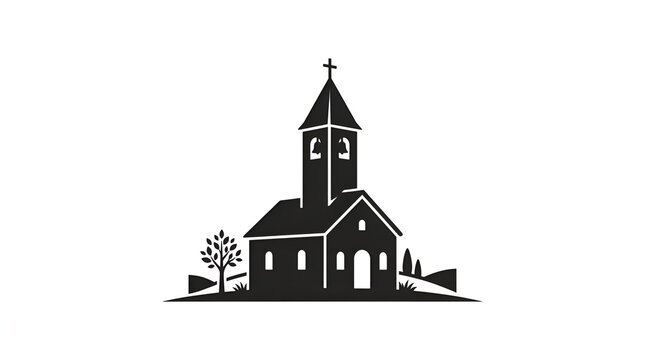 Black silhouette of a traditional church building with a bell tower and cross