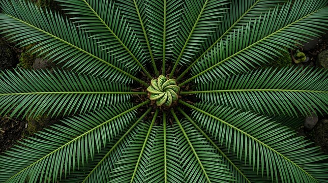 A symmetrical top down perspective capturing the intricate spiral arrangement of green fronds belonging to an ancient tropical botanical variety cycad palm plant top view above detail botanical