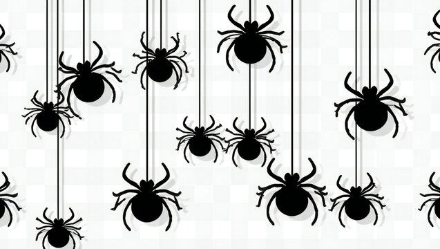 Black spiders hanging from threads in a seamless pattern for halloween