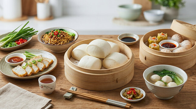 Steamed buns arranged in a bamboo steamer sit on a wooden table alongside various traditional Asian side dishes and dipping sauces.