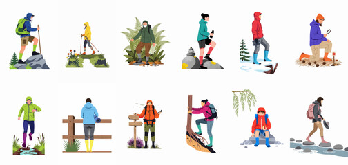 Fototapeta premium Collection of flat style illustrations showing various people hiking, climbing, and exploring nature, perfect for adventure, outdoor activities, and travel design themes.