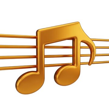 Shiny golden musical note on a music staff line isolated on white background