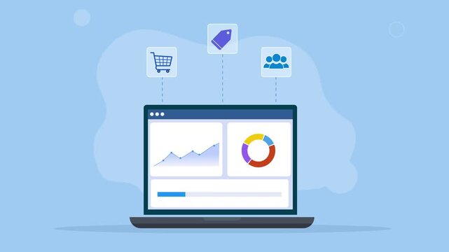 Modern flat vector animation showing a laptop with an ecommerce analytics dashboard, sales charts, shopping, and customer icons, representing online retail, business data, performance, and digital com