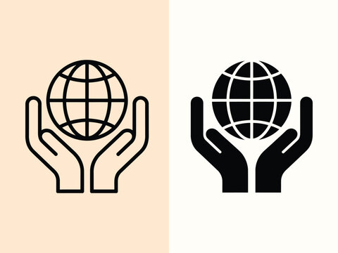 Two hands holding a globe icon representing global care and environmental protection concepts