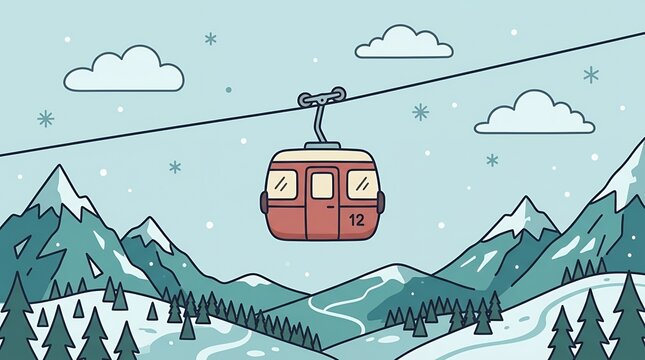 Winter Resort Cable Car Moving Above Snowy Alpine Mountains and Green Pine Trees with Clouds and Snowflakes