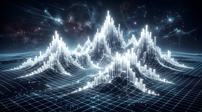 Futuristic abstract digital data landscape with glowing white peaks and grid network