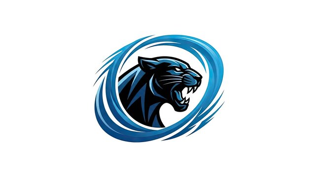 Black panther head logo in blue energy swirl.