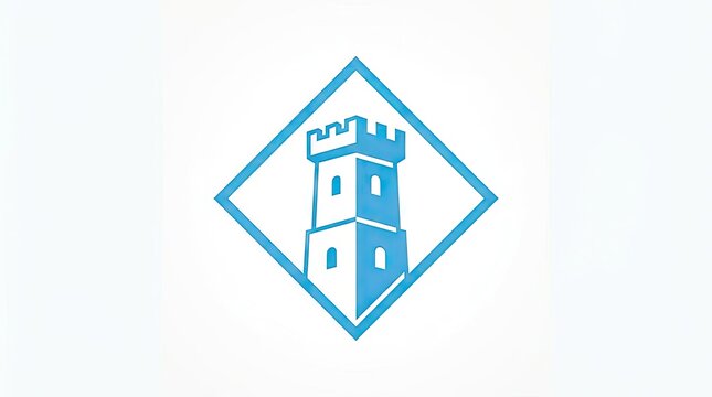 Blue castle tower fortress icon within diamond border.