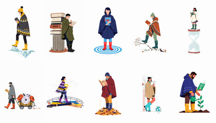 Fototapeta premium A set of stylized illustrations featuring diverse people in cozy attire reading books in various imaginative, seasonal, and conceptual settings.