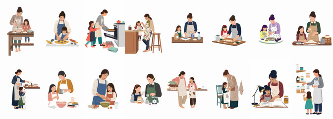 Fototapeta premium Collection of flat illustrations showing mothers and daughters bonding over household chores, cooking, baking, and studying together on a white background.