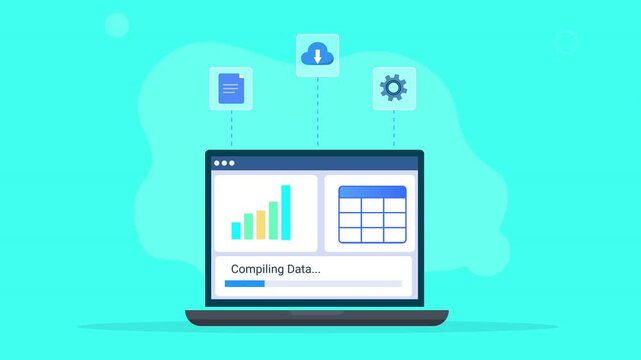 Modern flat vector animation showing a laptop with an analytics dashboard, bar chart, data table, cloud, and settings icons, representing data compilation, analysis, reporting, and digital workflow.