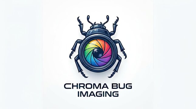 Detailed beetle insect with colorful camera lens body logo.
