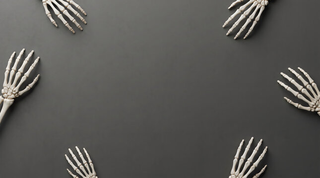 Top view of skeleton hands arranged in a circle on a dark grey background for halloween