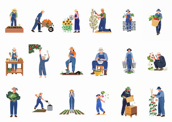Fototapeta premium Collection of diverse farmers and gardeners performing various agricultural activities like planting, harvesting, watering, and beekeeping, isolated on a white background.