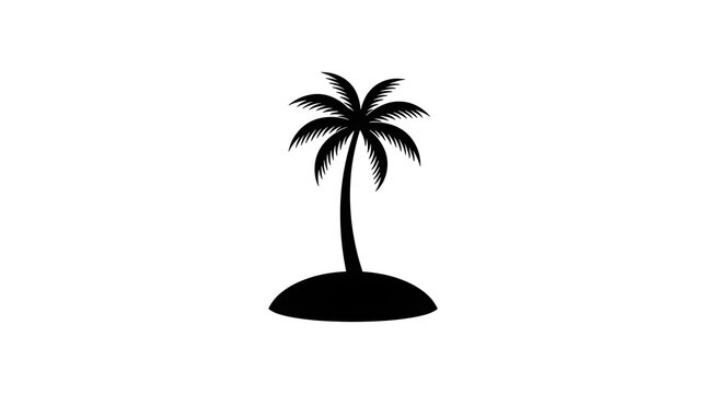 Single black palm tree silhouette on a small tropical island graphic element with coconut palm