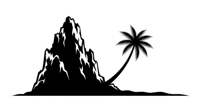 Black silhouette of a rocky mountain and a palm tree with mountain peak tropical island isolated