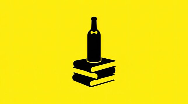 Minimal wine bottle icon on stacked books.