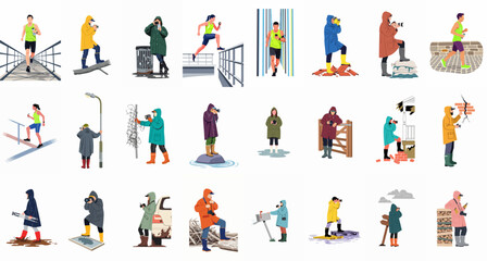 Fototapeta premium Collection of diverse people engaged in outdoor activities like photography and running, wearing colorful raincoats and athletic gear on a white background.