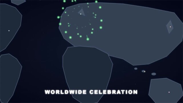 Digital World Map Celebration Graphic with Particle Fireworks