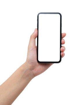A woman's hand holding a black smartphone.