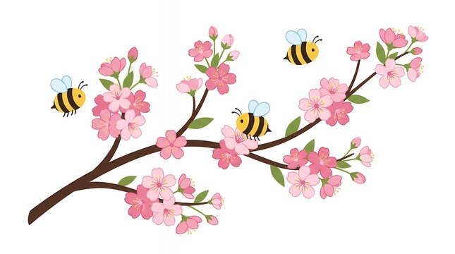 Flatof blossoming cherry branch with pink flowers and adorable bumblebeesagainst a clean white backdrop for print and textile design cherry blossom pink flower bee honeybee insect branch