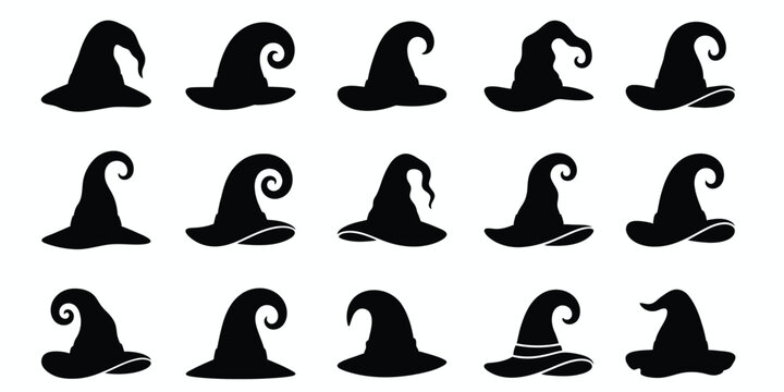 Set of fifteen black silhouette witch hat icons isolated on a white background for halloween design projects