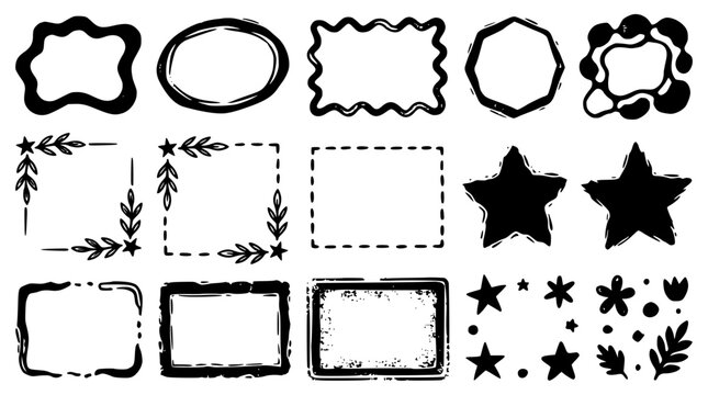 Abstract hand drawn vector borders set featuring grunge textured rectangle frames wavy oval shapes stars and rustic botanical leaves decorative elements collection