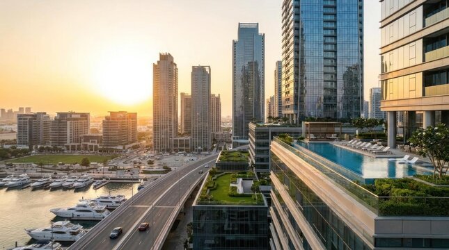 Urban city skyline with modern skyscrapers and a luxury marina at sunset.