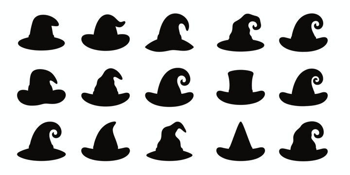 Set of various hand drawn witch hat silhouettes isolated on a white background for halloween design elements