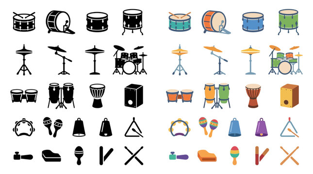 Collection of drum kit elements and percussion instruments in black and white and color.