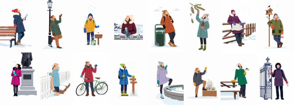Large collection of flat vector illustrations of diverse people in winter outdoor clothing and gear for architectural visualization and graphic design projects.