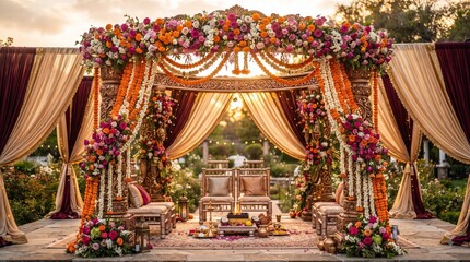 Fototapeta premium Vibrant floral mandap arch wedding backdrop