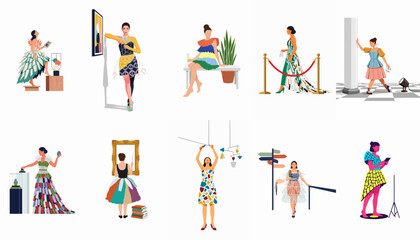 Naklejka premium Set of Ten Elegant Fashion Illustrations Featuring Women in Various Artistic and Lifestyle Settings, Perfect for Modern Design and Creative Concepts.