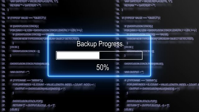 Dynamic digital backup progress bar interface displaying incremental loading percentages overlaid on scrolling abstract programming source code background, for modern software, development and tech