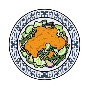 Karedok Sundanese Raw Vegetable Salad With Peanut Sauce Digital Illustration