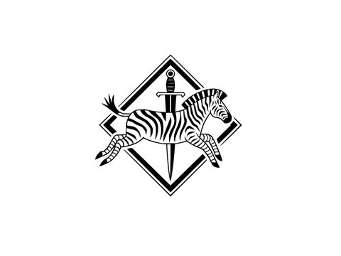 Jumping zebra and sword within a diamond border black and white vector illustration